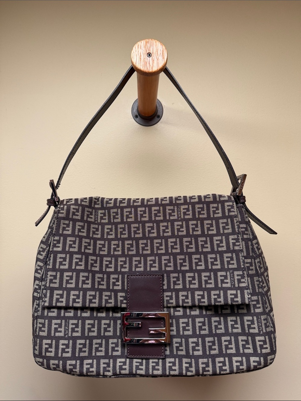 Fendi Gray and Brown FF Logo Shoulder Bag with Buckle Detail